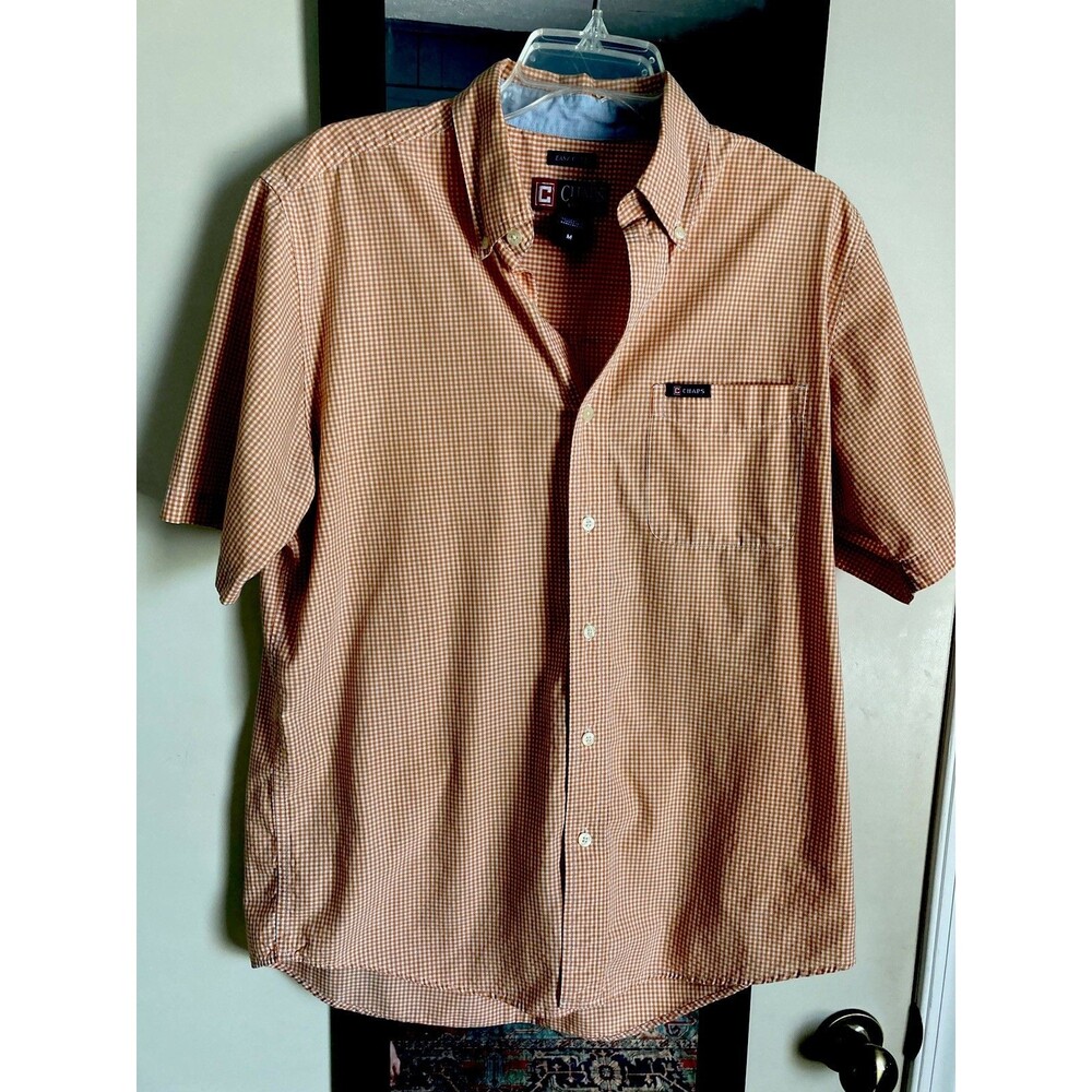 Chaps Men’s Shirt Medium Casual Orange Plaid Button Front Excellent Condition